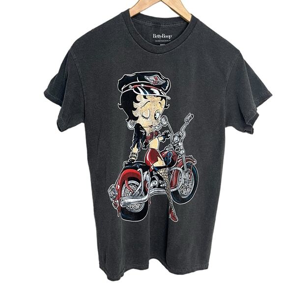 BETTY BOOP Motorcycle Distressed Black Short Sleeve Crew Neck T-Shirt Size‎ XS/S - Picture 1 of 8